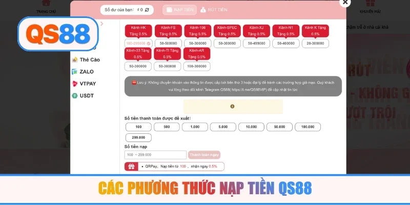 Các phương thức nạp tiền QS88